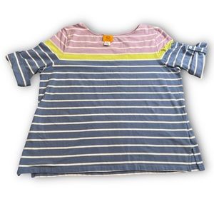 Womens Ruby Rd. 3/4 Rolled Up Sleeve Multicolored Striped Scoop Neck Blouse